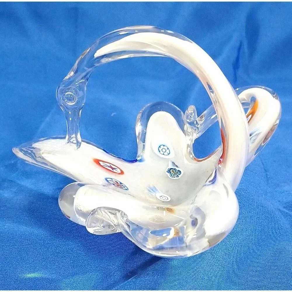 8" Murano Italy 🦢  Millefiori Art Glass Swan Sculpture Basket Dish Rainb - Picture 6 of 8